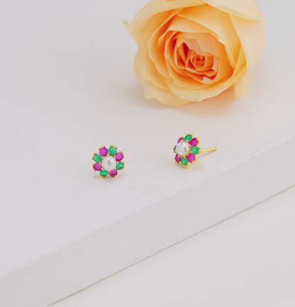 Floral Red Green Multicolor Pearl Stud Earrings