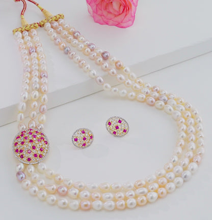Comfortable Red Stone Multicolor Pearl Necklace Set