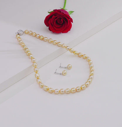 9.0-10.0mm Golden Drop Ringed South Sea Pearl Necklace Set - A Quality