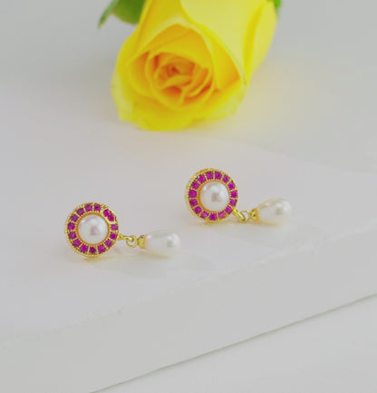 Adorable Red Stone Pearl Stud Earrings