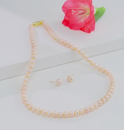 8.0-9.0mm Pink Near Round Freshwater Pearl Necklace Set - AA Quality