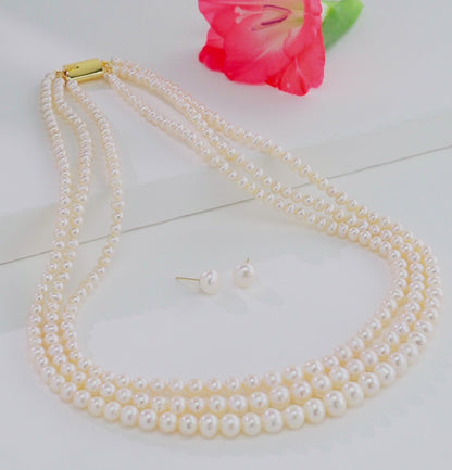 4.0-5.0mm White Button Freshwater Pearl Necklace Set - A Quality