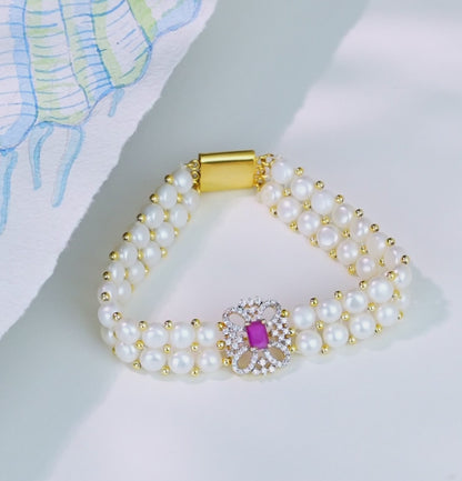 Graceful Red Stone Pearl Bracelet