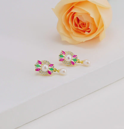 Twinkling Red Green Mix Hanging Pearl Studs Earrings