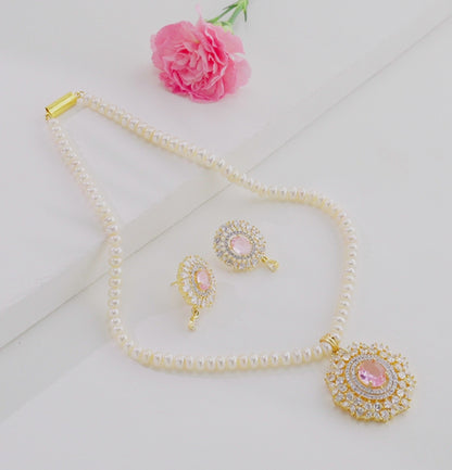 Floral Pink Stone Freshwater Pearl Necklace Set