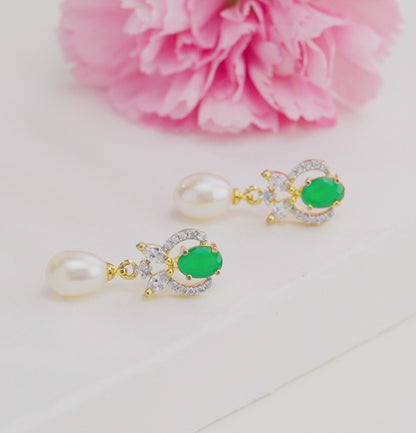 Premium Green Stone Pearl Drop Earrings