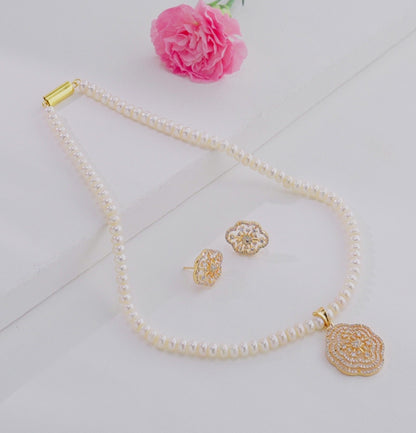 Precious White Stone Button Freshwater Pearl Necklace Set