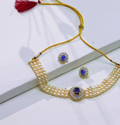 Designer Dark Blue Stone Freshwater Pearl Choker Set