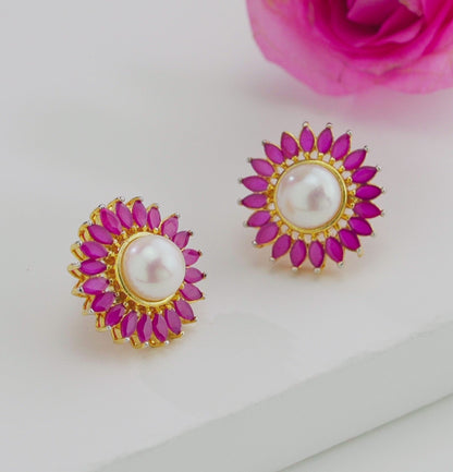 Floral Red Stone Pearl Stud Earrings