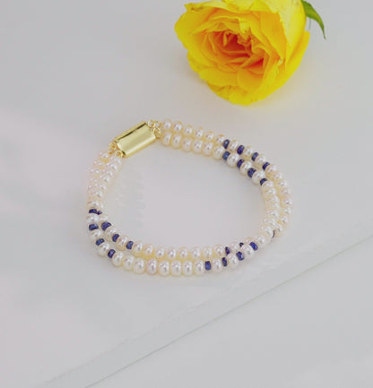 Natural Blue Sapphire Button Pearl Bracelet