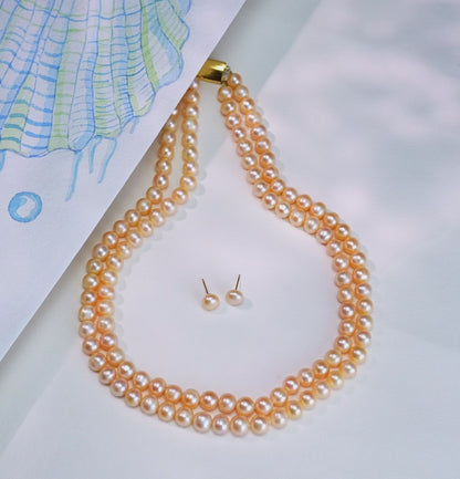 6.0-7.0mm Near Round Pink Freshwater Pearl Necklace Set - AA Quality
