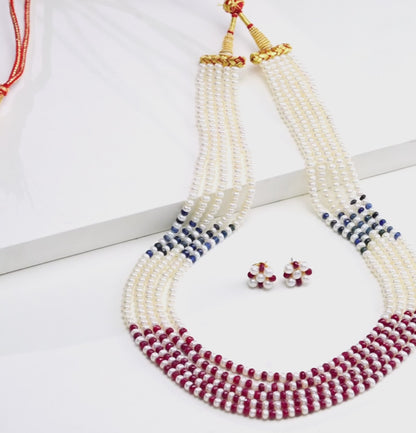 Natural Mix Ruby & Sapphire 3.0-4.0mm Button Freshwater Pearl Necklace Set - AAA Quality
