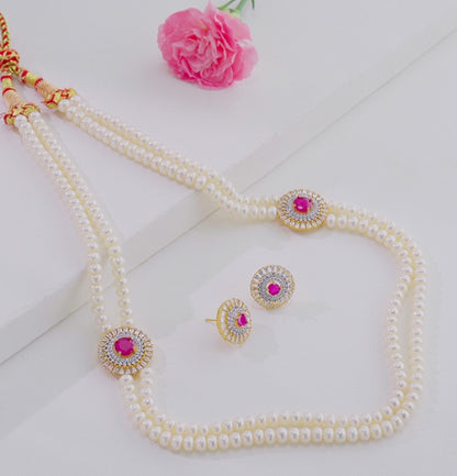 Stunning Red Stone Freshwater Pearl Necklace and Earring Set