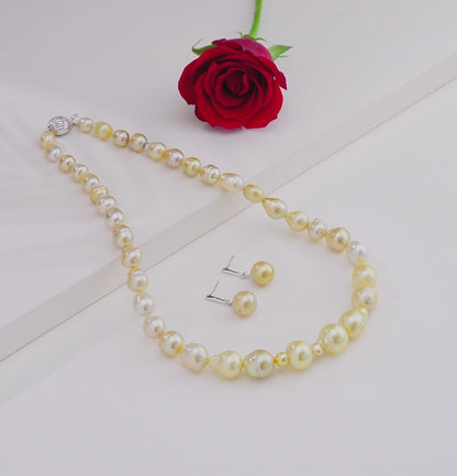 14.0-15.0mm Cream Baroque Ringed South Sea Pearl Necklace Set - A Quality