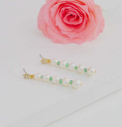 Natural Emerald And Freshwater Near Round Grading Pearl Dangling Earrings