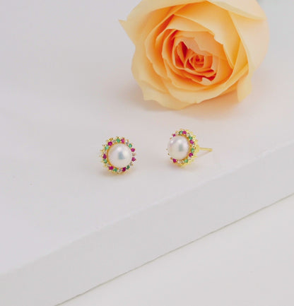 Modern Red Green Pearl Studs Earrings