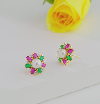Colorful Red Green Stone Pearl Stud Earrings