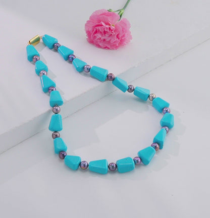 Light Blue Semi Precious Beads & Black Freshwater Pearl Necklace