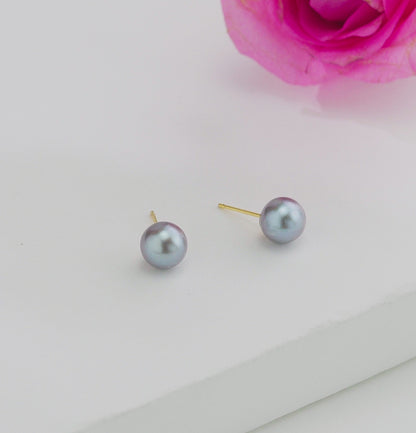 Grey Button Pearl Stud Earrings