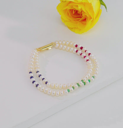 Natural Ruby Emerald Blue Sapphire Pearl Bracelet