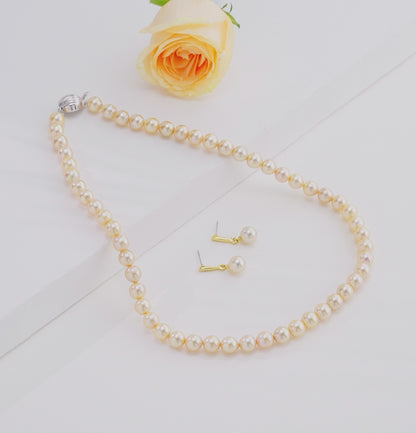 7.0-8.0mm Golden Round Saltwater Akoya Pearl Necklace Set - AAA Quality