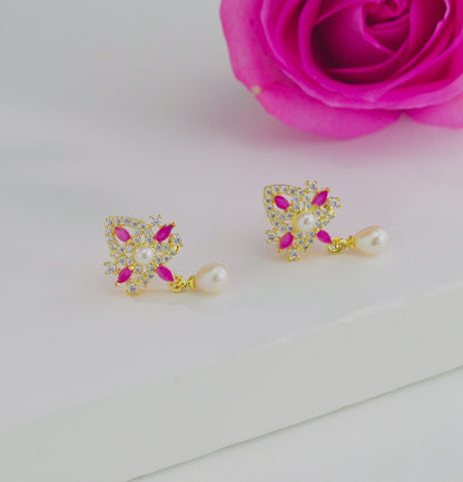 Estelle Red Stone Pearl Stud Earrings