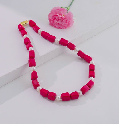 Semi Precious Red Beads & White Freshwater Pearl Necklace