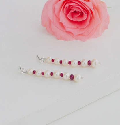 Natural Ruby And White Near Round Grading Pearl Hanging Earrings