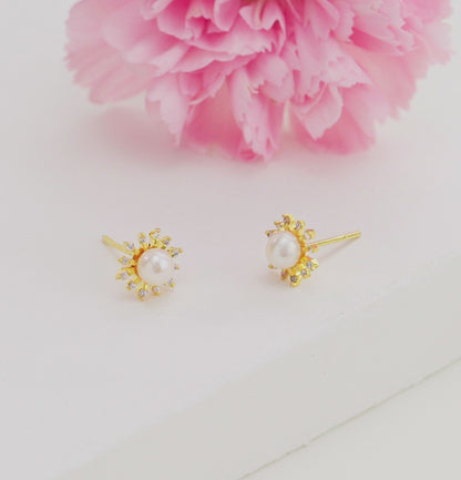 Striking White Stone Pearl Stud Earrings