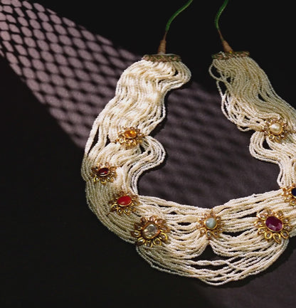 Sophisticated Seed Pearl Navratan Side Pieces Necklace