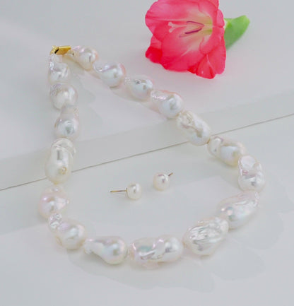 19.0-20.0mm White Baroque Freshwater Pearl Necklace Set- AA Quality