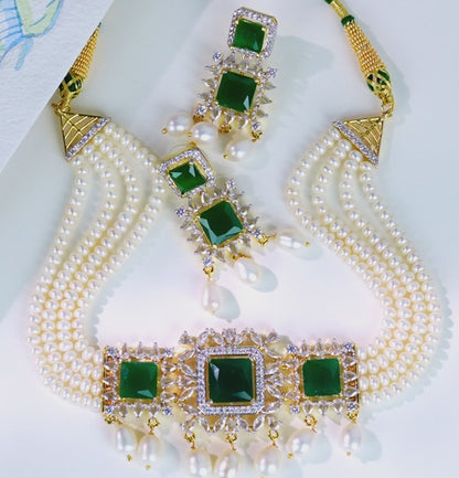 Adorable Green Stone Freshwater Pearls Choker Set