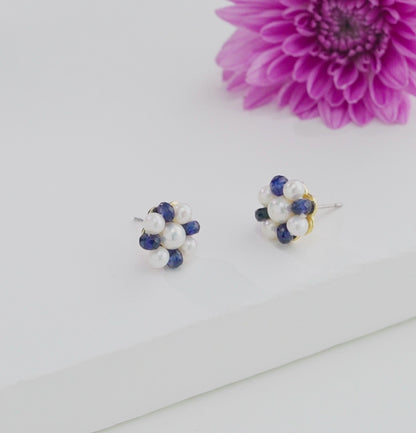 Natural Blue Sapphire Near Round Pearl Stud Earrings