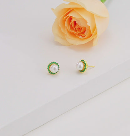 Intricate Green Stone Pearl Studs Earrings
