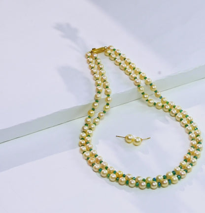 Natural Emerald and Golden Saltwater Akoya Pearls Necklace Set - A Quality