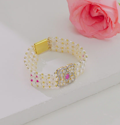 Velvety Red Stone White Freshwater Pearl Bracelet