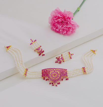 Exotic Red Stone Freshwater  Pearl Choker Set