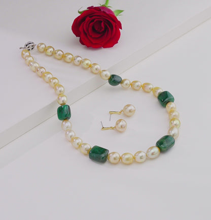 Natural Emerald Beads and 12.0-13.0mm Golden Drop South Sea Pearl Necklace Set - AA Quality