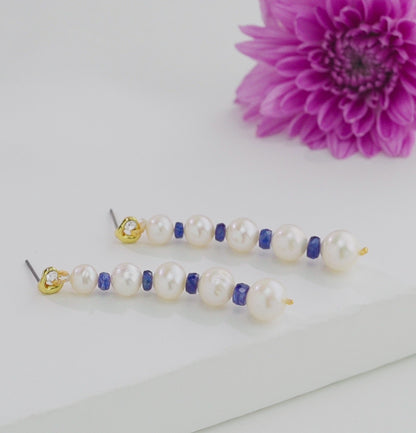 Natural Blue Sapphire Near Round Grading Pearl Hanging Earrings