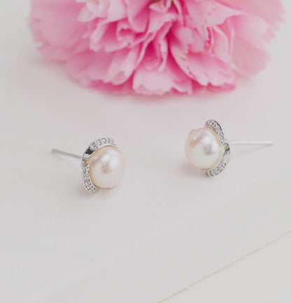 Radiance White Stone Pearl Stud Earrings