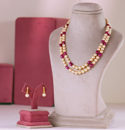 Natural  Ruby Beads and 7.0-8.0mm Golden Saltwater Akoya Pearls Necklace Set - AAA Quality