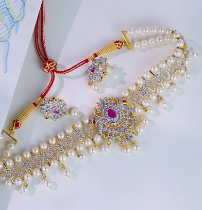 Exotic Red Stone Freshwater Pearl Choker Set