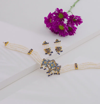 Designer Dark Blue Stone Freshwater Pearl Choker Set