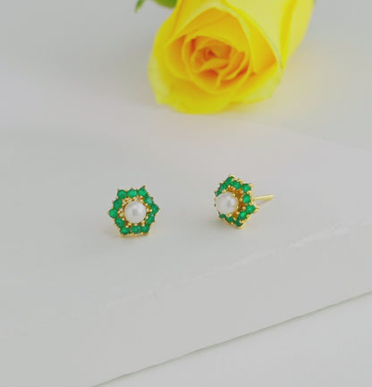 Brilliant Green Stone Pearl Stud Earrings