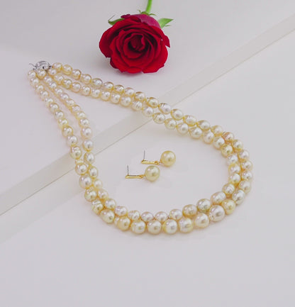 10.0-11.0mm Golden Drop Ringed South Sea Pearl Necklace Set - A Quality