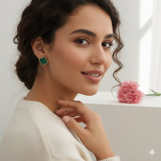 Regal Green Stone 18K Rose Gold Stud Earrings