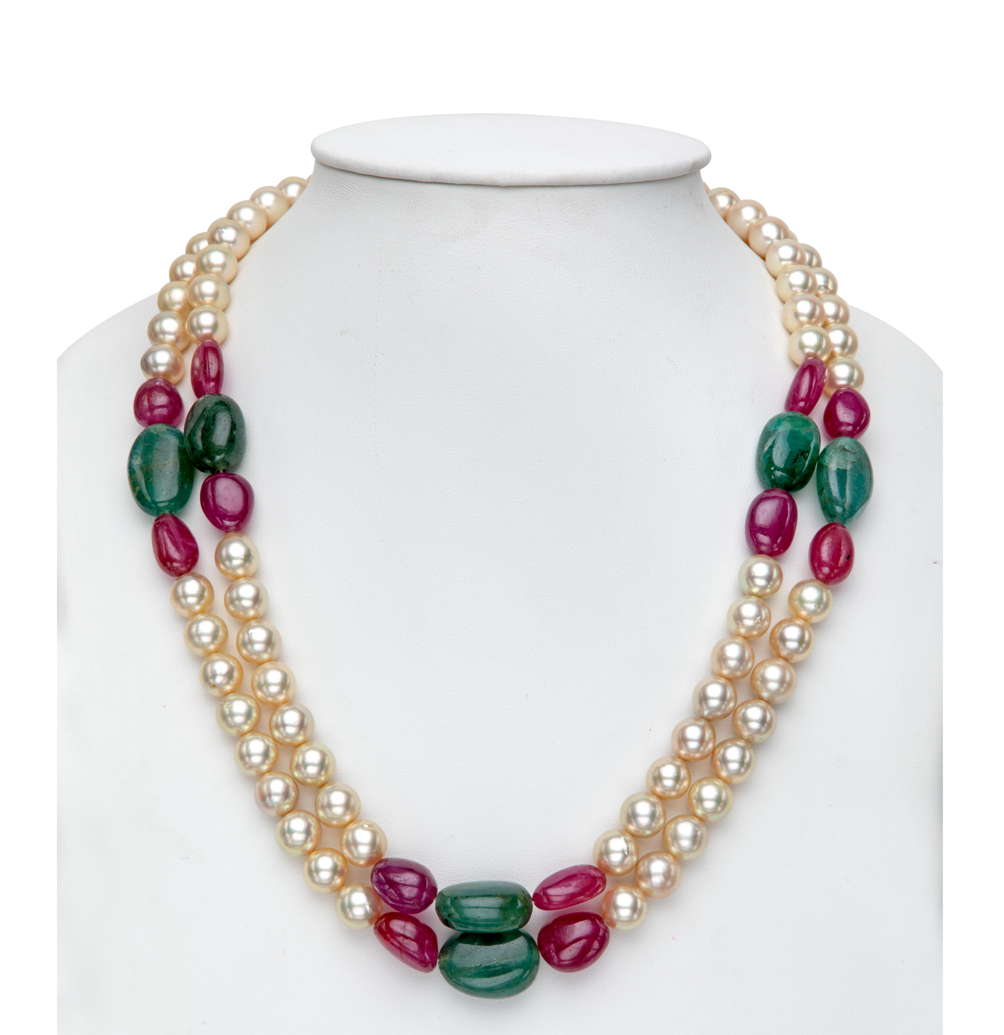 Real Ruby Emerald Beads and Golden Saltwater Akoya Pearls Necklace Set Mangatrai Pearls