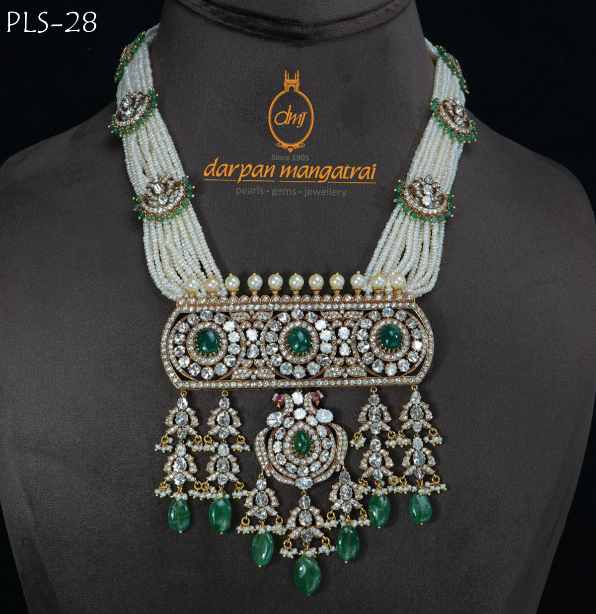 Nizami Polki Emeralds Ruby and Pearl Gold Necklace Mangatrai Pearls Jewellers