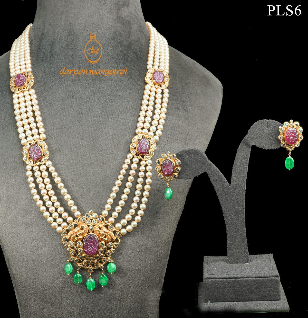 Skilfully Carved Ruby Polki Emerald and Pearl Gold Necklace and
