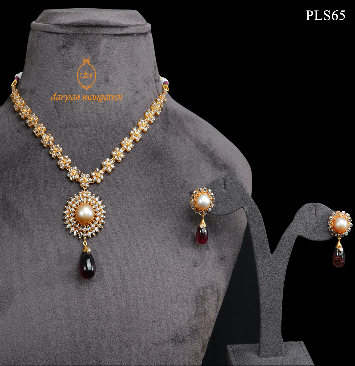 Golden pearl polki sales necklace set